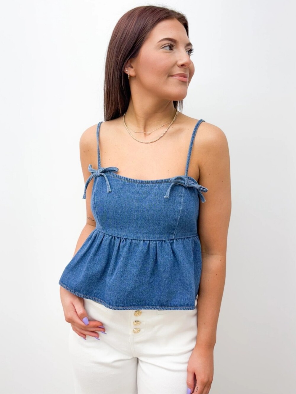 AEO Denim Bow-Detail Spaghetti Strap Peplum Top - Size M - Picture 3 of 13
